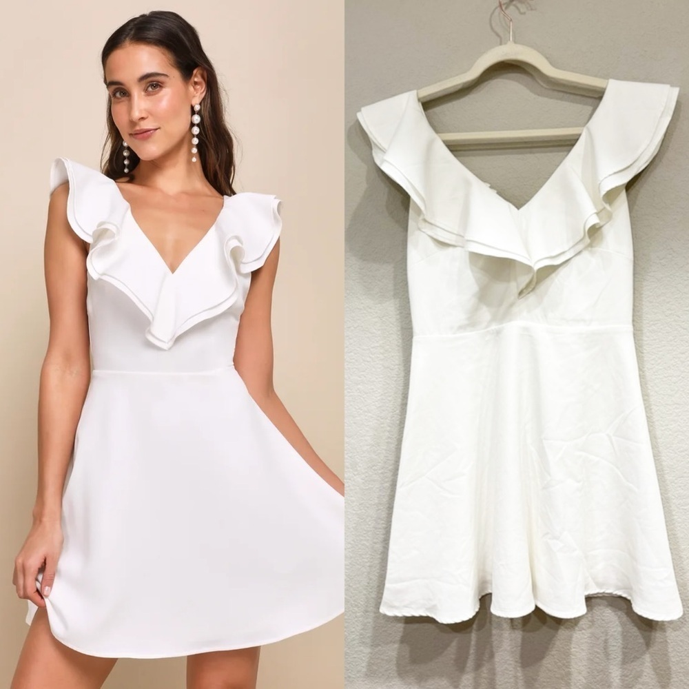 Sz L NWOT Lulus Divine Darling White Ruffled Skater Dress‎